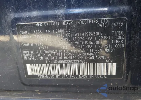 2012 Subaru Outback 2.5I Premium from USA, damaged, VIN 4S4BRBCC6C3297600